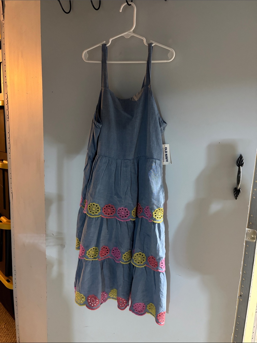 Old Navy Blue Tiered Sundress with Pink & Yellow Crochet Trim - NEW WITH TAGS